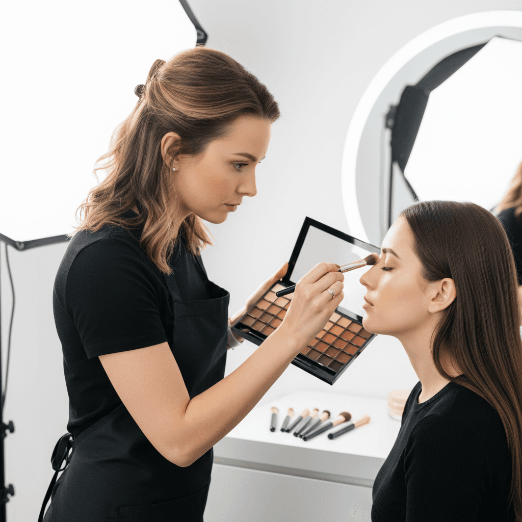 Professional makeup application with eyeshadow palette