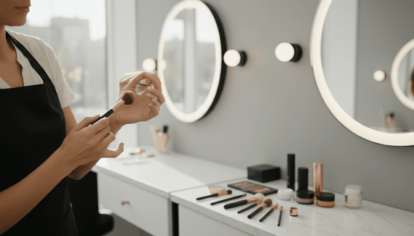 Professional makeup artist applying makeup to client in modern beauty salon